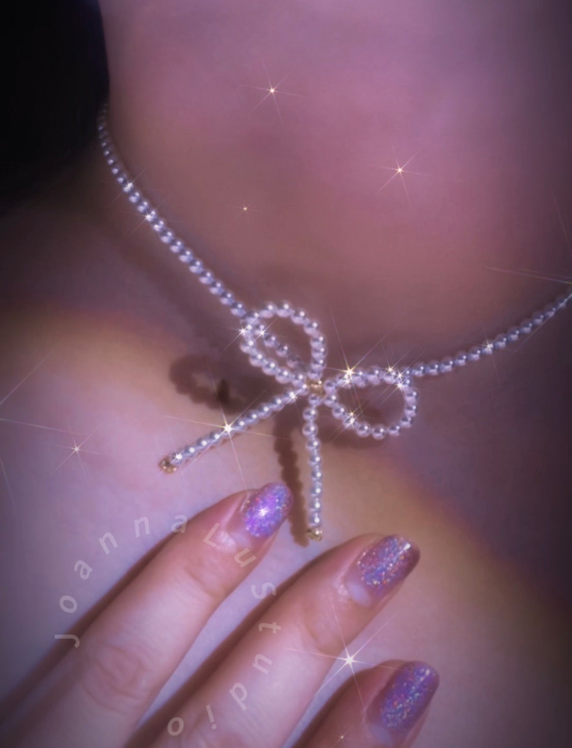 Handmade bow pearl necklace with 3mm faux Akoya pearls and 18K gold-plated fittings, elegant choker design.