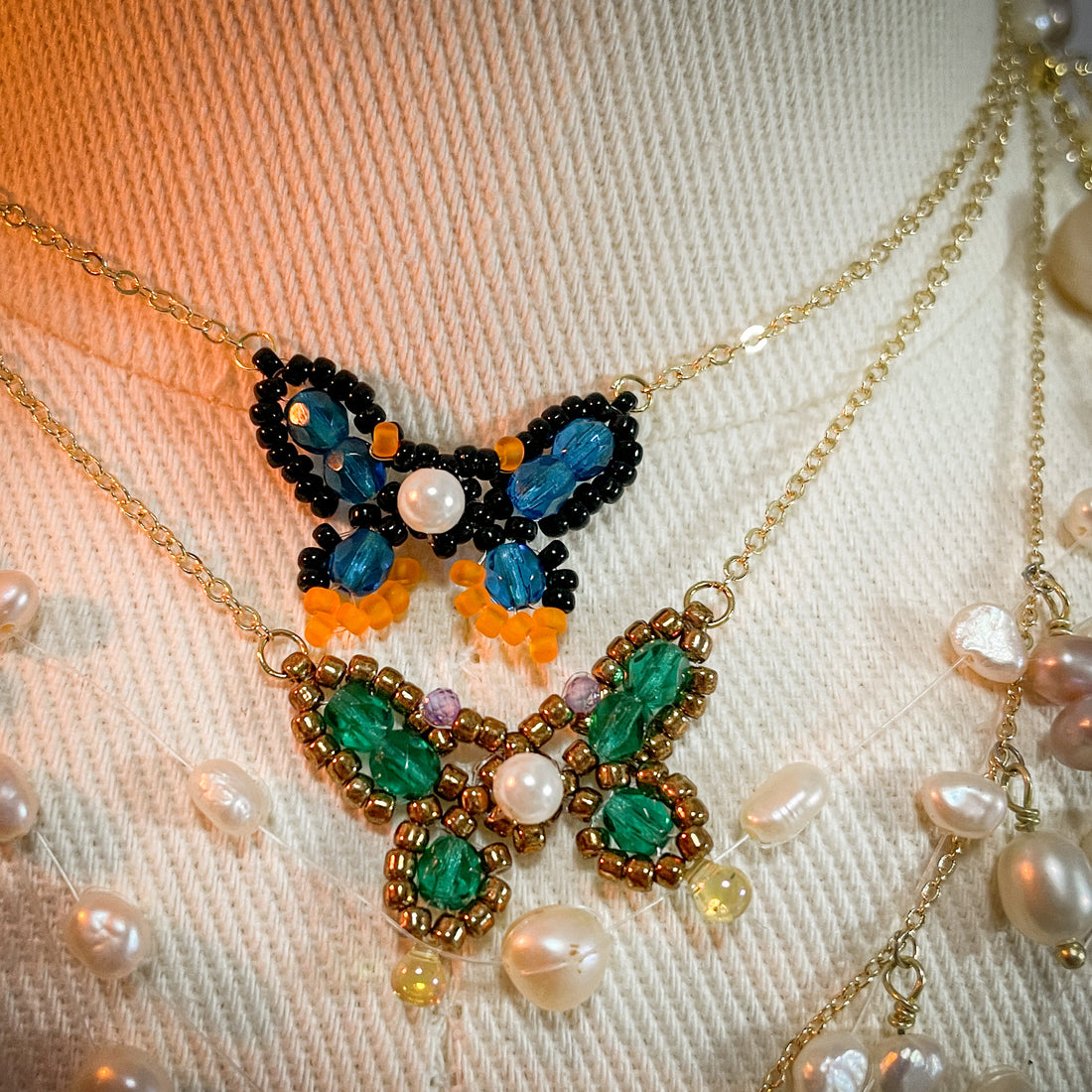 Blue beaded butterfly pendant inspired by Morpho Anaxibia